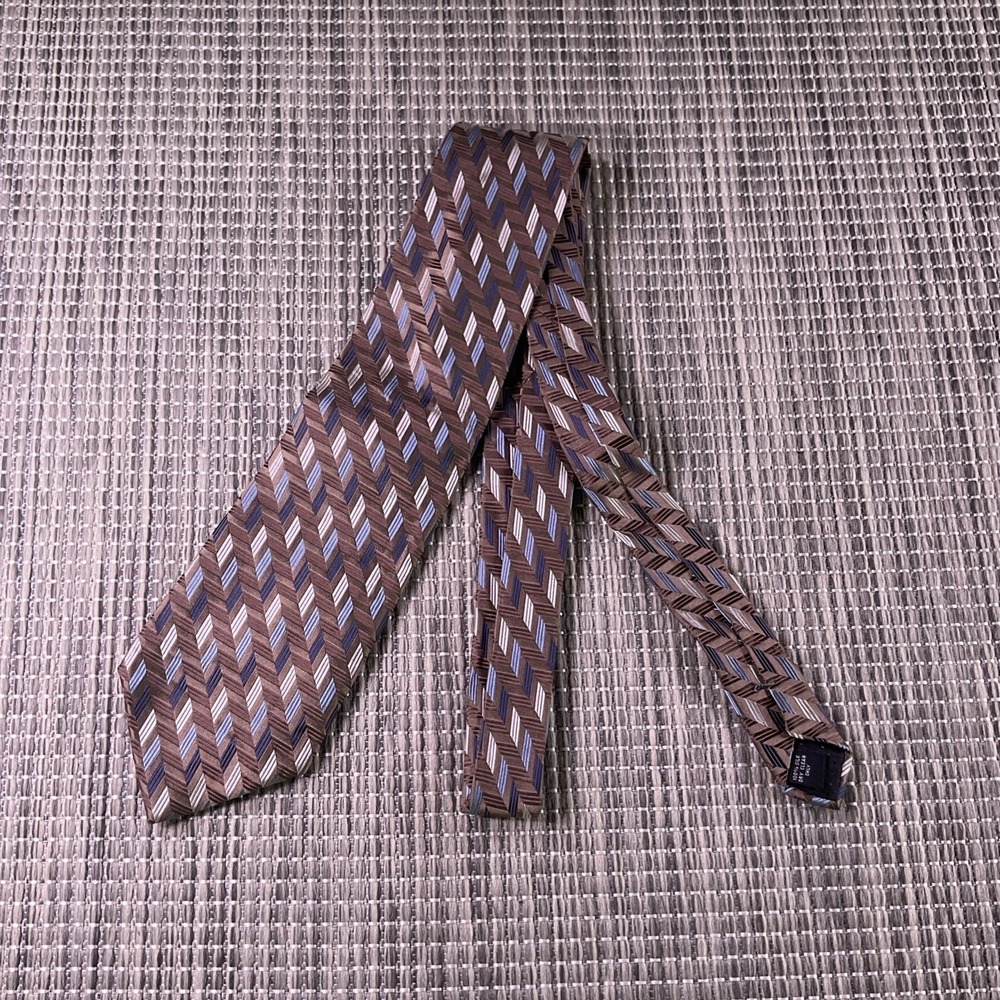 Campia Moda Mens Silk Tie Brown Blue Silver Geometric Chevron Striped 58x4